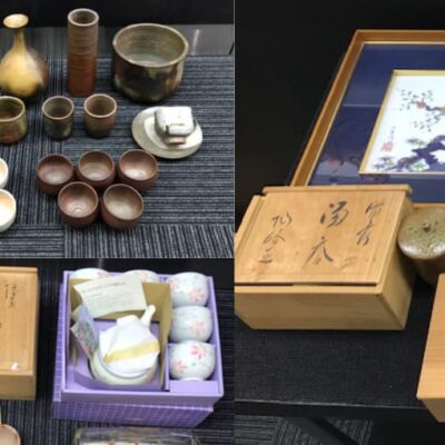 岡山市南区藤田在住のお客様の店頭持ち込みで査定した備前焼、酒器、徳利、盃、花入れ、皿、煎茶道具、工芸品の一部の写真