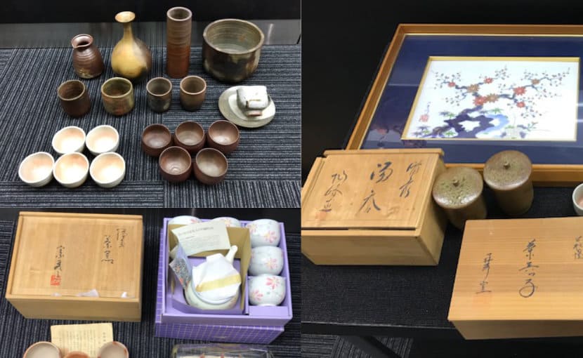 岡山市南区藤田在住のお客様の店頭持ち込みで査定した備前焼、酒器、徳利、盃、花入れ、皿、煎茶道具、工芸品の一部の写真